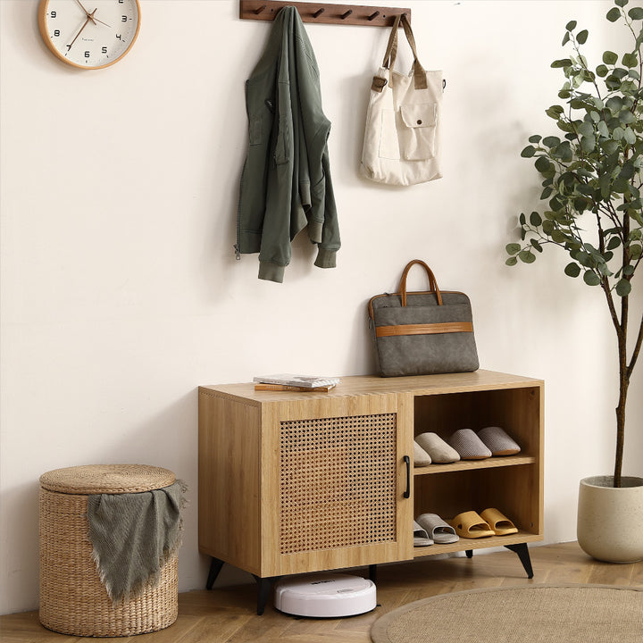 Modern Shoe Storage Cabinet with Natural Rattan Mesh Door Solid Wooden Handle 39.37 Inch Stylish Organizer for Entryway Image 3