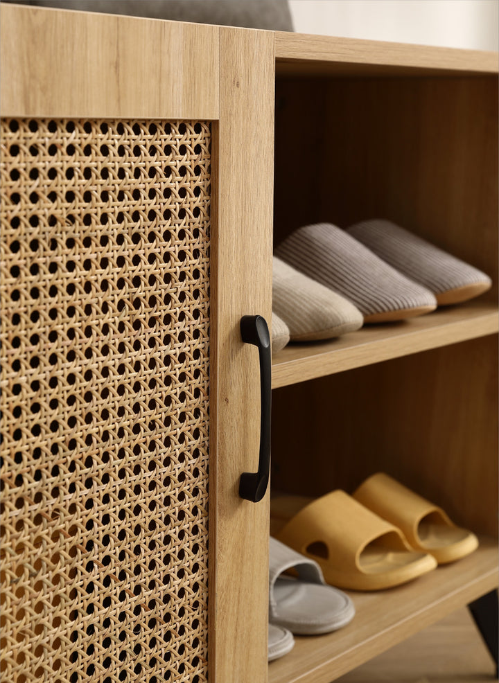 Modern Shoe Storage Cabinet with Natural Rattan Mesh Door Solid Wooden Handle 39.37 Inch Stylish Organizer for Entryway Image 6