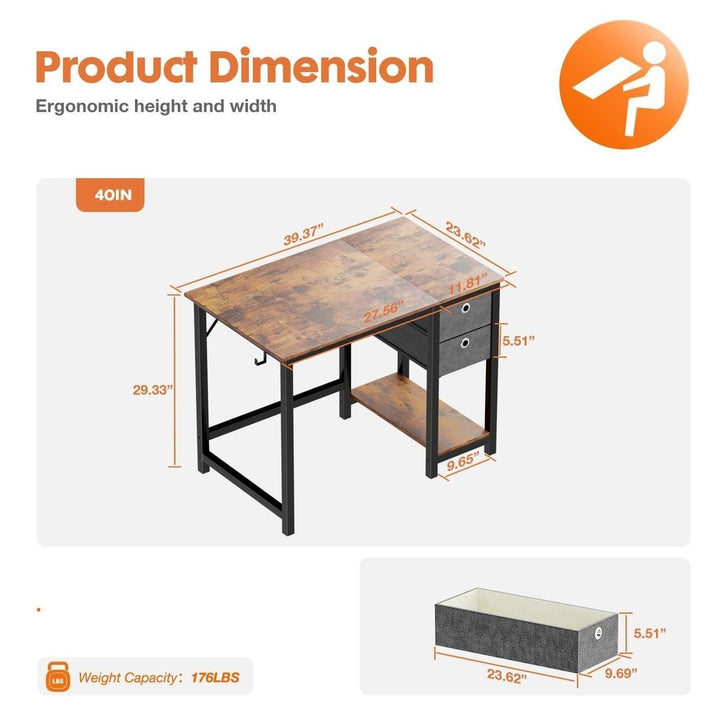 Modern Simple Style Home Office Writing Desk with 2-Tier Drawers Vintage Rustic Design 40 Inch Storage Solution Image 5