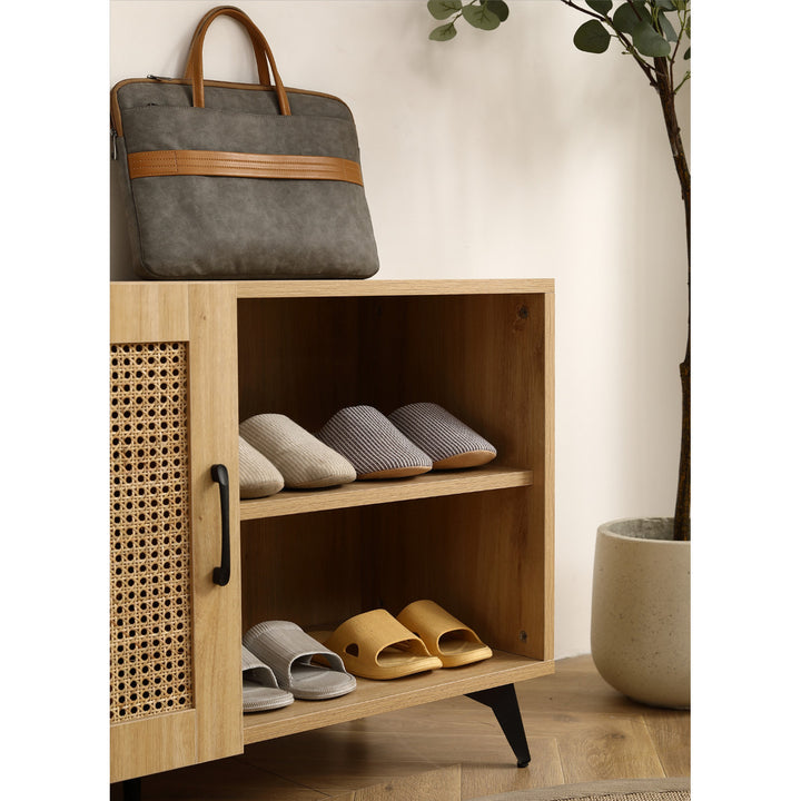 Modern Shoe Storage Cabinet with Natural Rattan Mesh Door Solid Wooden Handle 39.37 Inch Stylish Organizer for Entryway Image 9