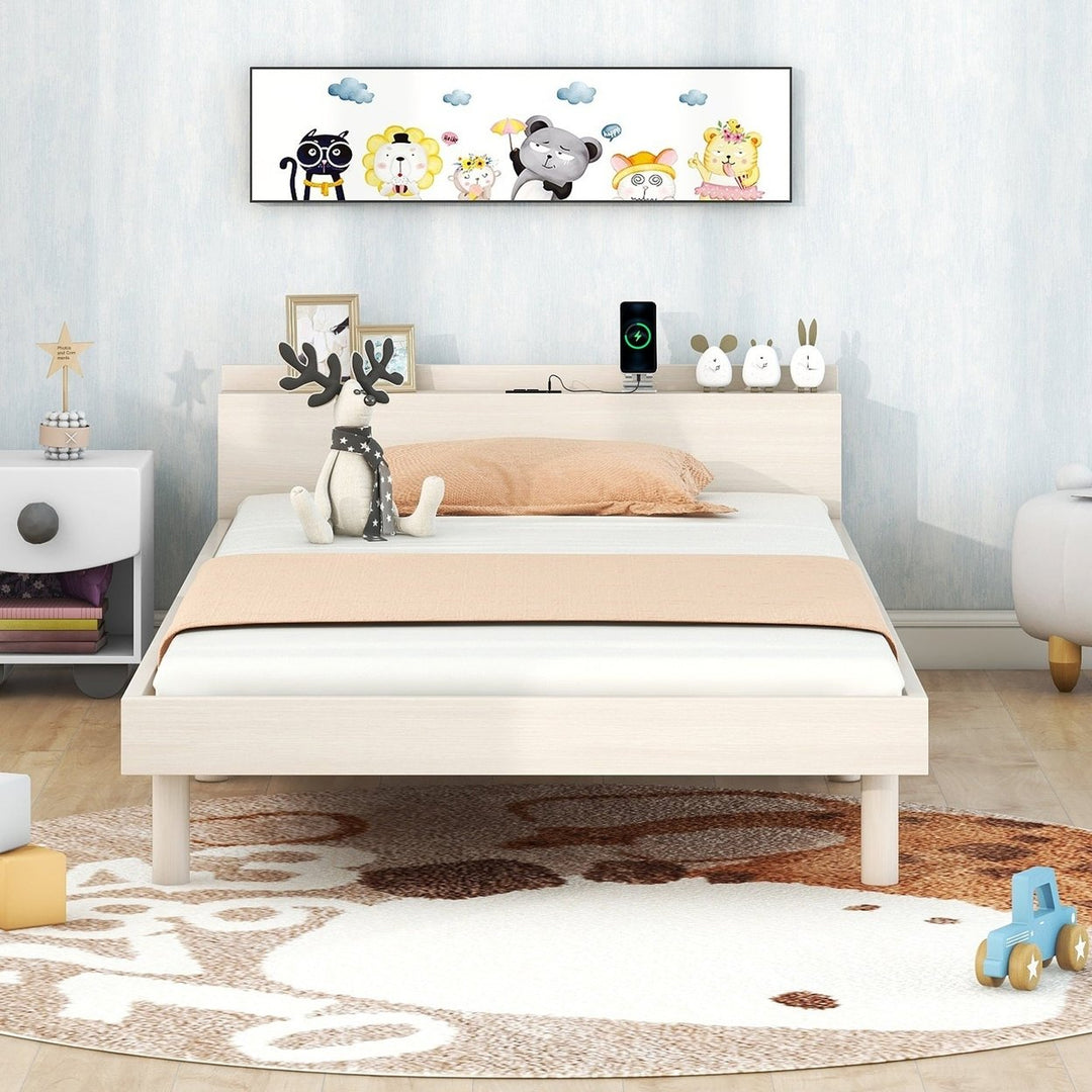 Modern Twin Size Platform Bed Frame with Built-in USB Ports, White Washed Finish, Stylish and Functional Design Image 1