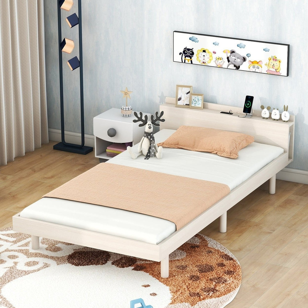 Modern Twin Size Platform Bed Frame with Built-in USB Ports, White Washed Finish, Stylish and Functional Design Image 2