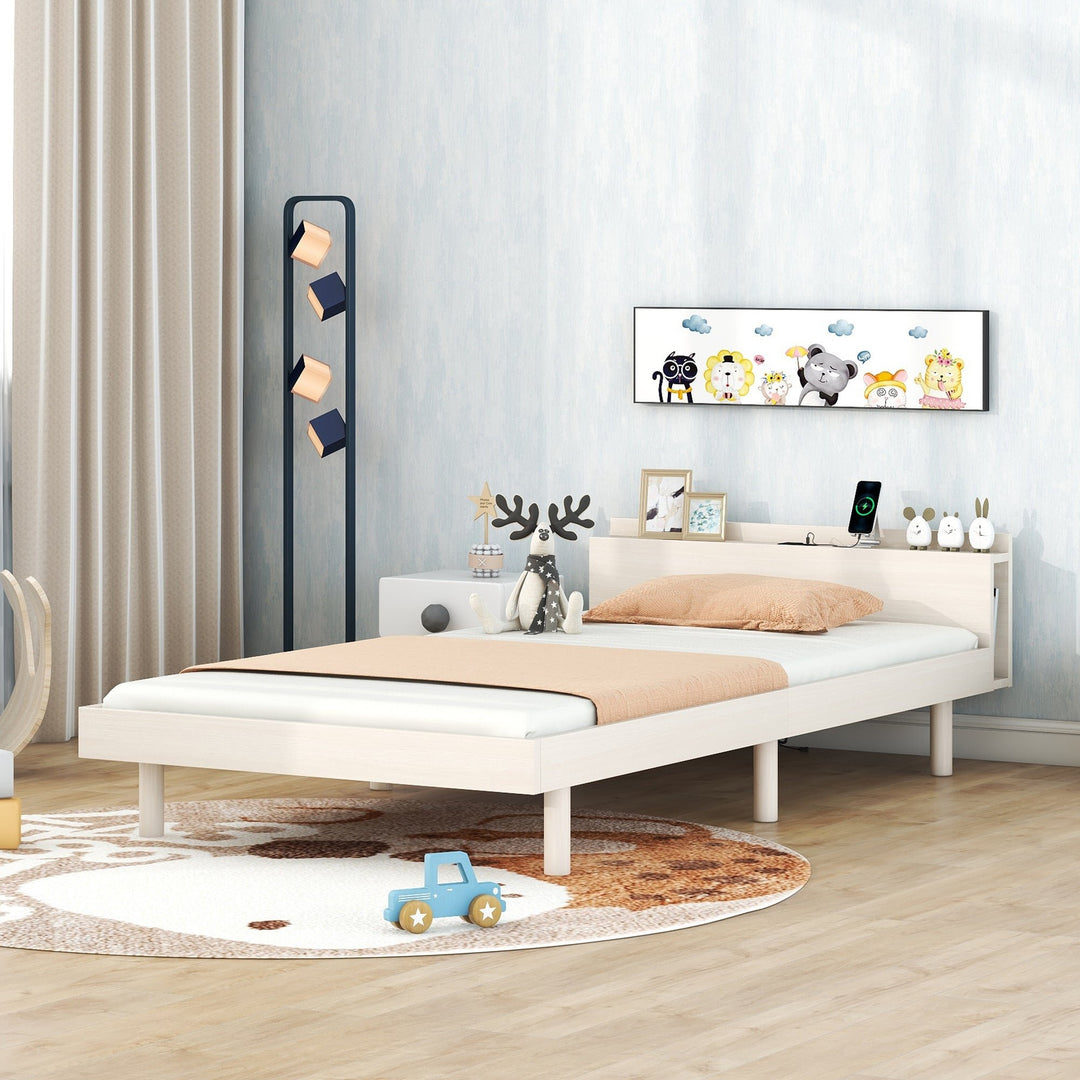 Modern Twin Size Platform Bed Frame with Built-in USB Ports, White Washed Finish, Stylish and Functional Design Image 3