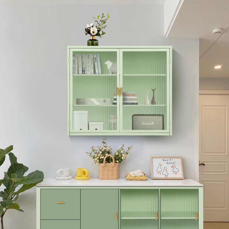 Modern Two-Door Glass Wall Cabinet with Three-Tier Storage for Entryway Living Room Bathroom Dining Room Mint Green Image 1