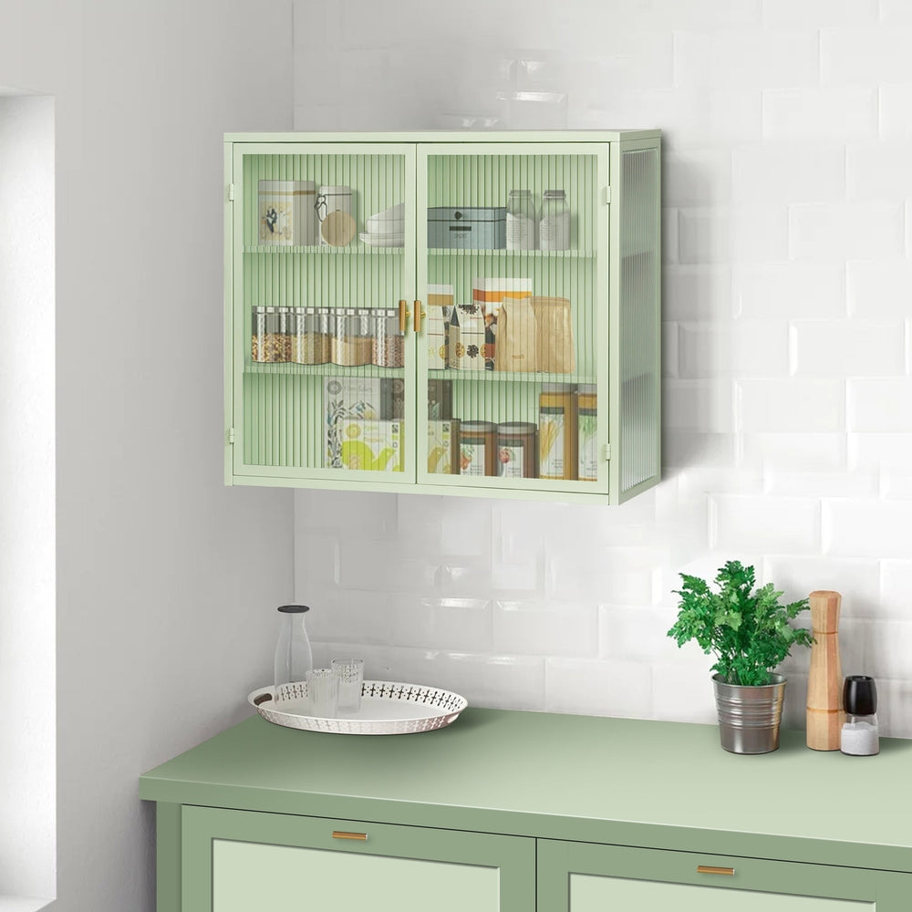 Modern Two-Door Glass Wall Cabinet with Three-Tier Storage for Entryway Living Room Bathroom Dining Room Mint Green Image 2