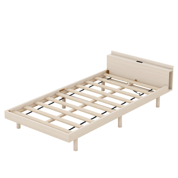 Modern Twin Size Platform Bed Frame with Built-in USB Ports, White Washed Finish, Stylish and Functional Design Image 5