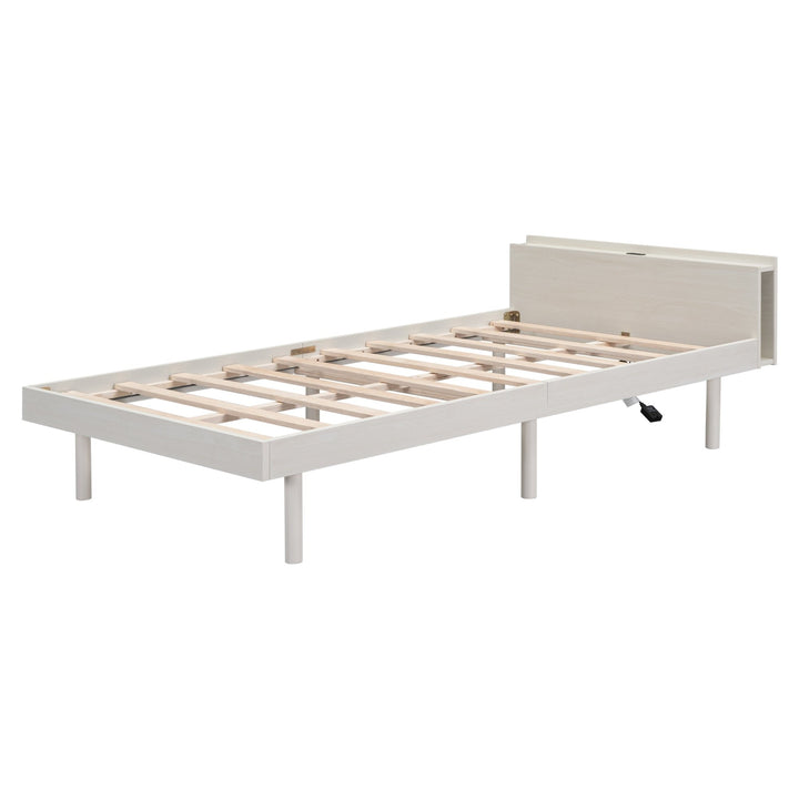 Modern Twin Size Platform Bed Frame with Built-in USB Ports, White Washed Finish, Stylish and Functional Design Image 6