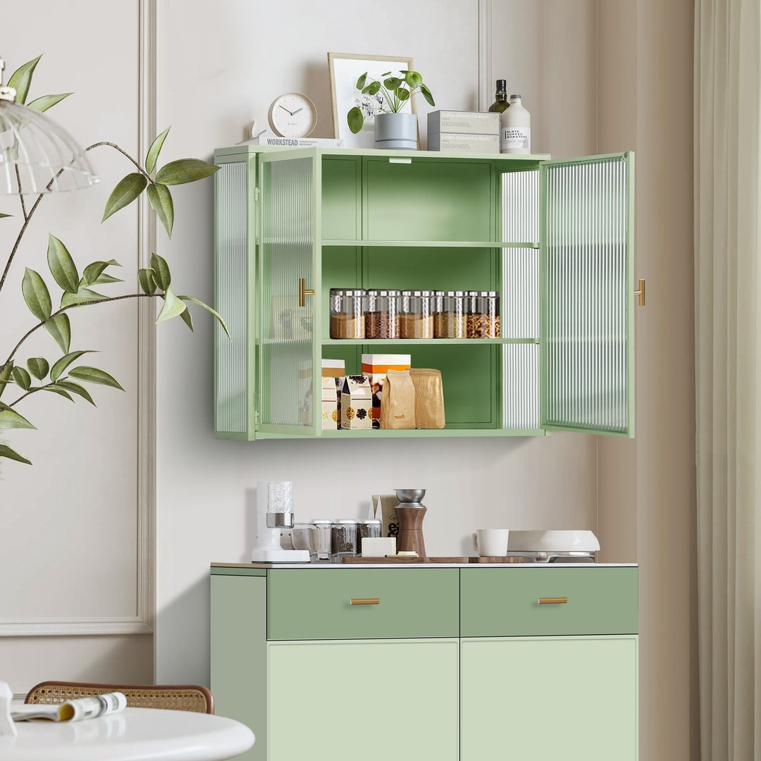 Modern Two-Door Glass Wall Cabinet with Three-Tier Storage for Entryway Living Room Bathroom Dining Room Mint Green Image 3