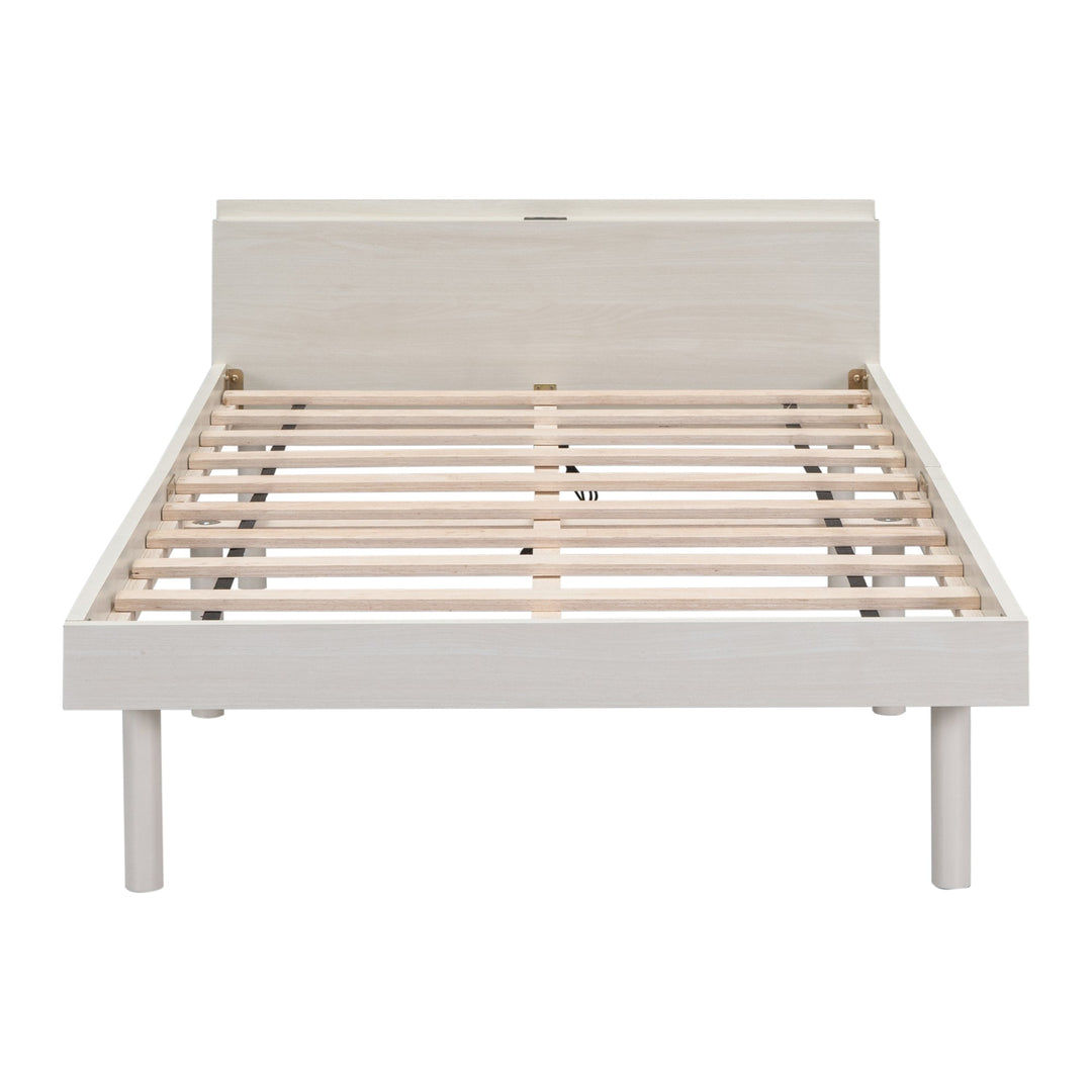 Modern Twin Size Platform Bed Frame with Built-in USB Ports, White Washed Finish, Stylish and Functional Design Image 7