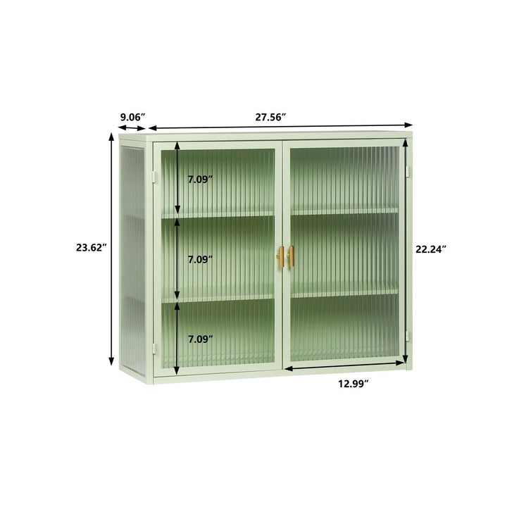 Modern Two-Door Glass Wall Cabinet with Three-Tier Storage for Entryway Living Room Bathroom Dining Room Mint Green Image 4