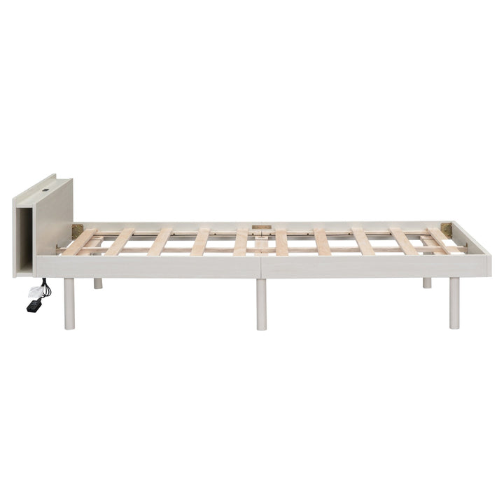 Modern Twin Size Platform Bed Frame with Built-in USB Ports, White Washed Finish, Stylish and Functional Design Image 8