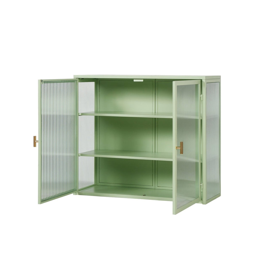 Modern Two-Door Glass Wall Cabinet with Three-Tier Storage for Entryway Living Room Bathroom Dining Room Mint Green Image 5