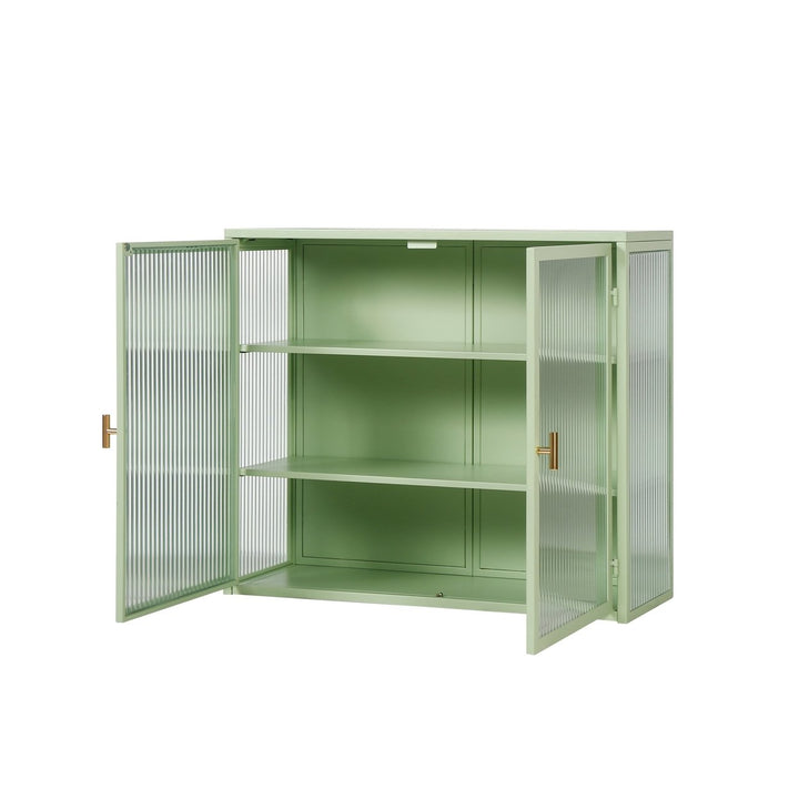 Modern Two-Door Glass Wall Cabinet with Three-Tier Storage for Entryway Living Room Bathroom Dining Room Mint Green Image 5