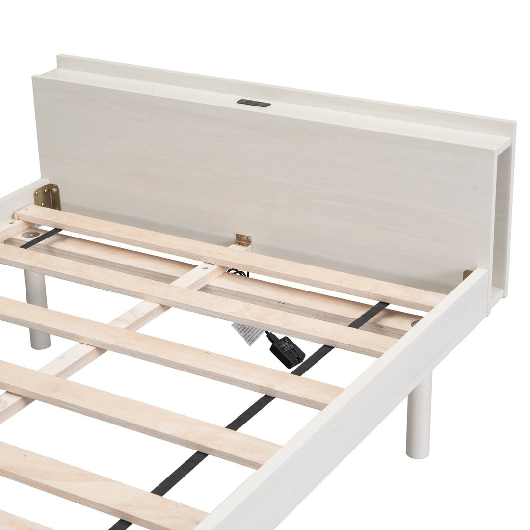 Modern Twin Size Platform Bed Frame with Built-in USB Ports, White Washed Finish, Stylish and Functional Design Image 9