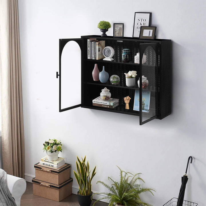 Modern Two-Door Wall Cabinet with Three-Tier Storage for Entryway Living Room Bathroom Dining Room Black Woven Pattern Image 3