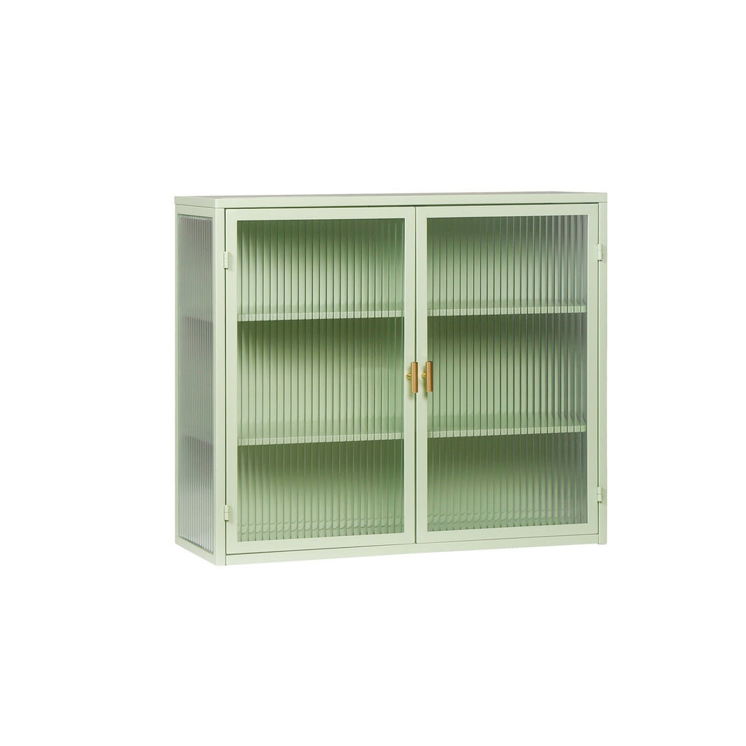 Modern Two-Door Glass Wall Cabinet with Three-Tier Storage for Entryway Living Room Bathroom Dining Room Mint Green Image 6