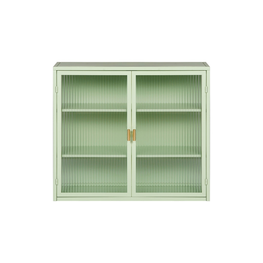 Modern Two-Door Glass Wall Cabinet with Three-Tier Storage for Entryway Living Room Bathroom Dining Room Mint Green Image 7