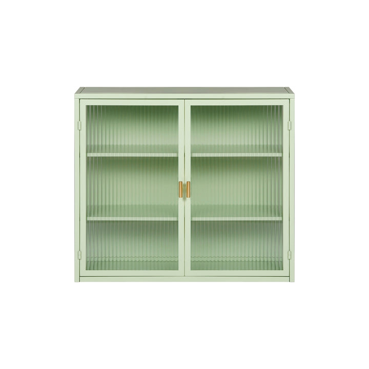 Modern Two-Door Glass Wall Cabinet with Three-Tier Storage for Entryway Living Room Bathroom Dining Room Mint Green Image 7