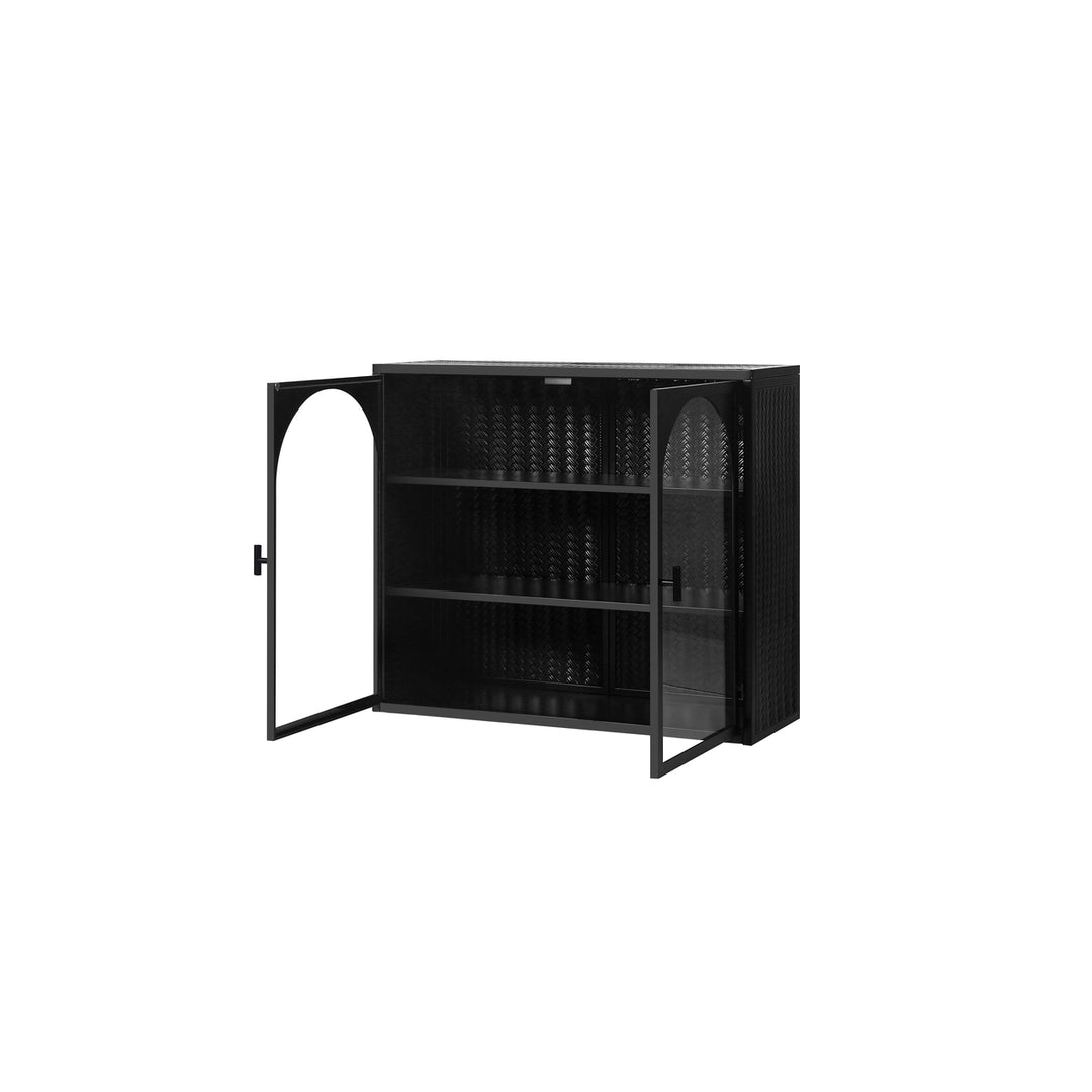 Modern Two-Door Wall Cabinet with Three-Tier Storage for Entryway Living Room Bathroom Dining Room Black Woven Pattern Image 5