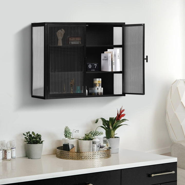 Modern Two-Door Wall Cabinet with Three-Tier Storage for Entryway Living Room Bathroom Dining Room Black 27.56 Inch Image 3