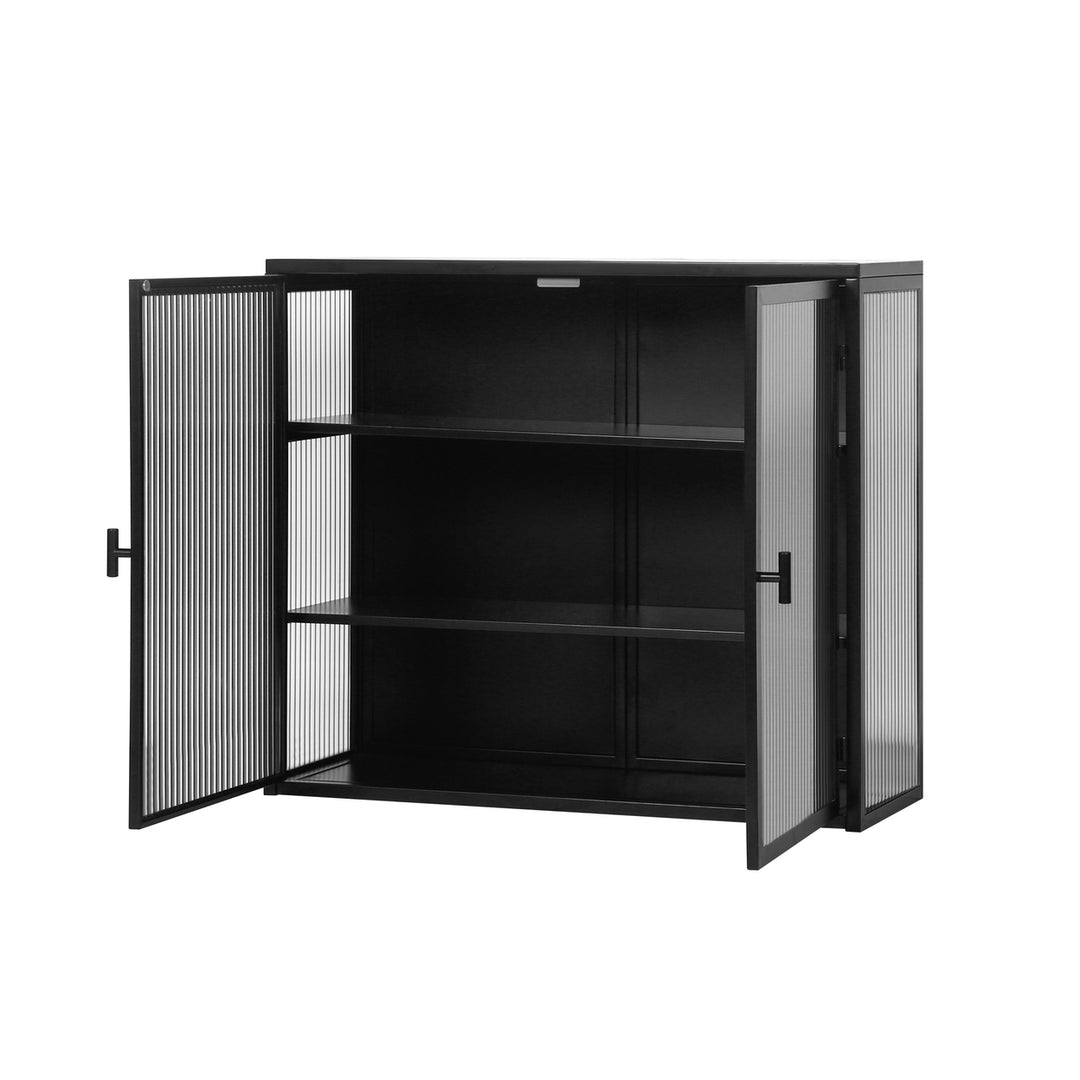 Modern Two-Door Wall Cabinet with Three-Tier Storage for Entryway Living Room Bathroom Dining Room Black 27.56 Inch Image 5