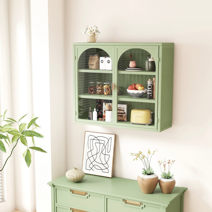 Modern Two-Door Wall Cabinet with Three-Tier Storage for Entryway Living Room Bathroom Dining Room Green Woven Pattern Image 1