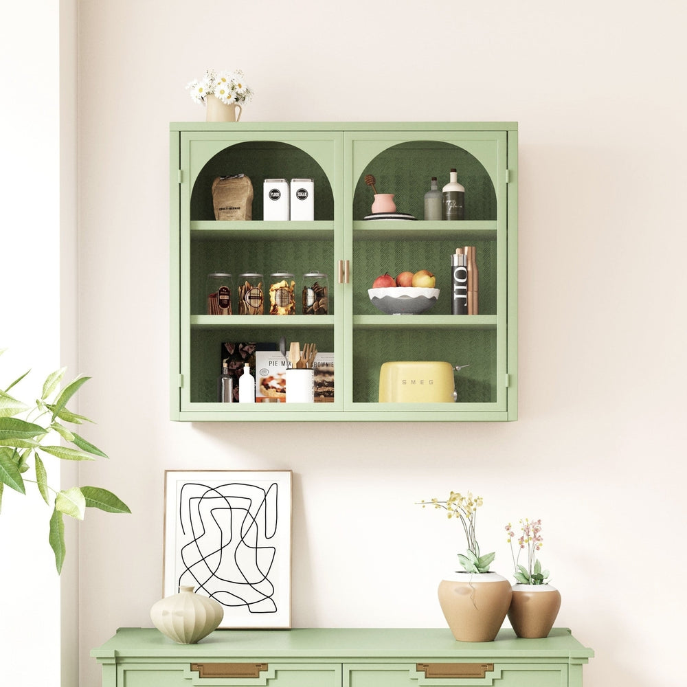 Modern Two-Door Wall Cabinet with Three-Tier Storage for Entryway Living Room Bathroom Dining Room Green Woven Pattern Image 2