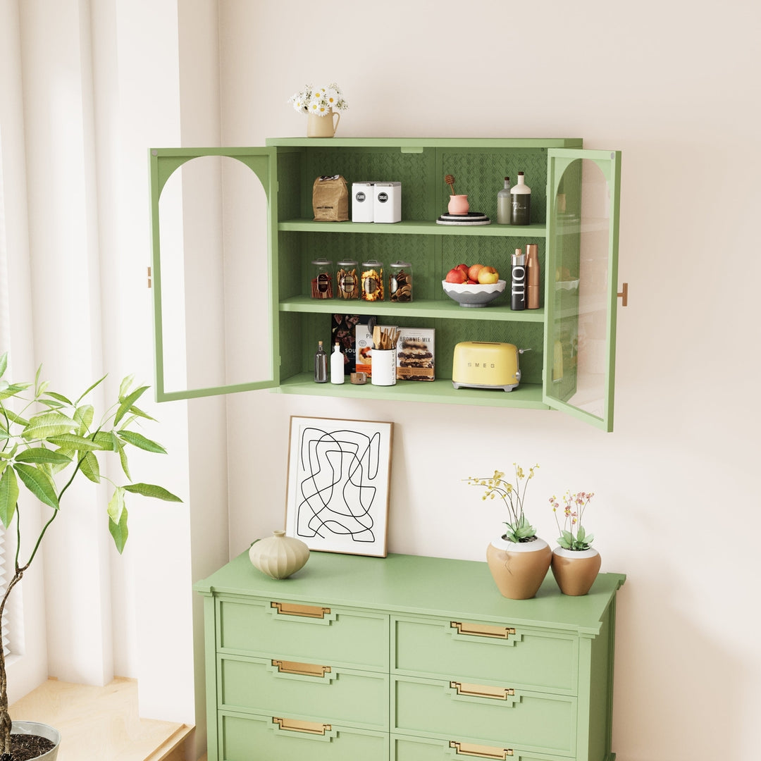 Modern Two-Door Wall Cabinet with Three-Tier Storage for Entryway Living Room Bathroom Dining Room Green Woven Pattern Image 3