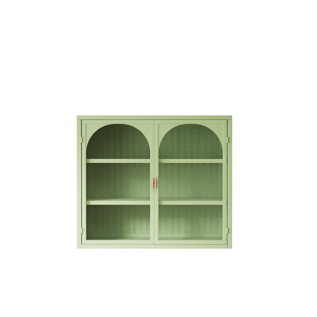 Modern Two-Door Wall Cabinet with Three-Tier Storage for Entryway Living Room Bathroom Dining Room Green Woven Pattern Image 6