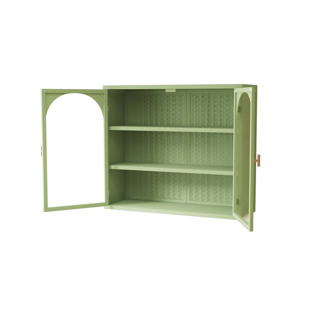 Modern Two-Door Wall Cabinet with Three-Tier Storage for Entryway Living Room Bathroom Dining Room Green Woven Pattern Image 7