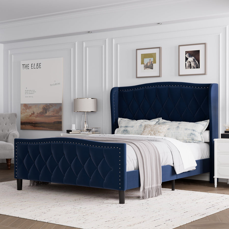 Modern Upholstered Full Size Bed Frame with Wingback Headboard Velvet Platform Bed Easy Assembly No Box Spring Needed Image 1