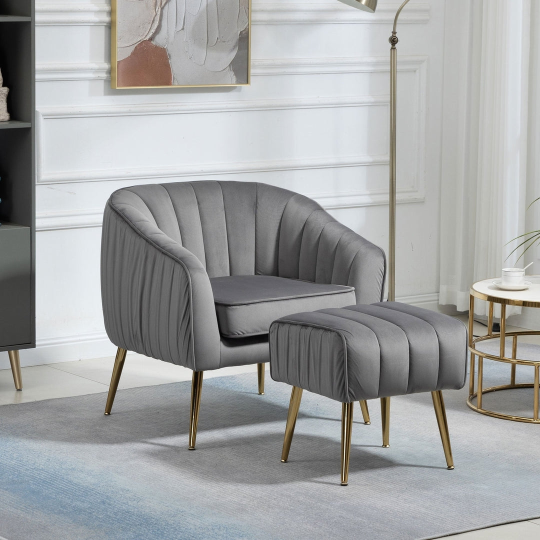 Modern Velvet Accent Chair and Ottoman Set Tufted Barrel Design for Living Room Bedroom Grey with Golden Finish Image 1