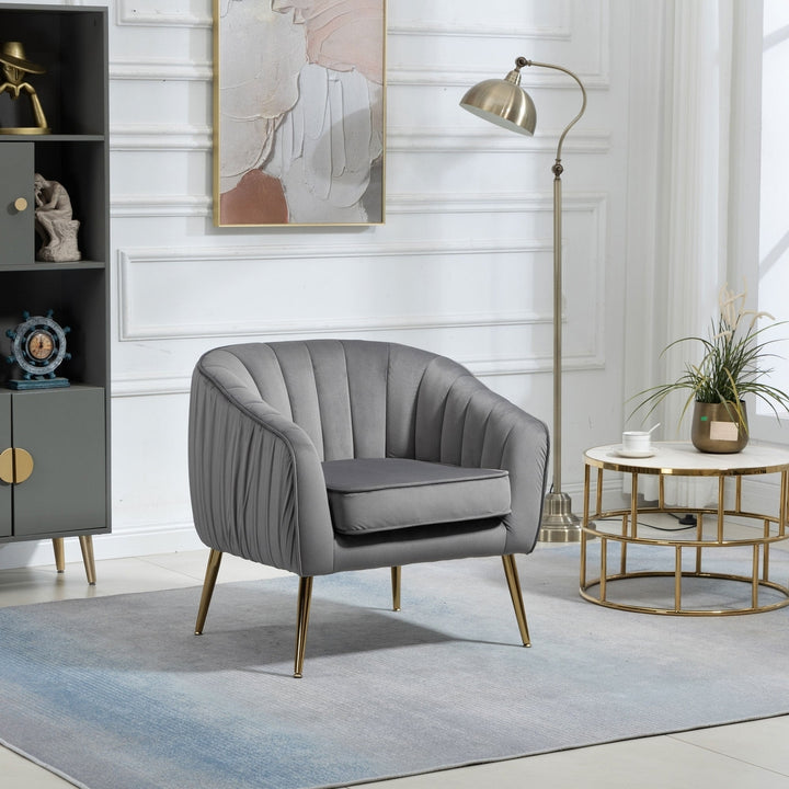 Modern Velvet Accent Chair and Ottoman Set Tufted Barrel Design for Living Room Bedroom Grey with Golden Finish Image 2