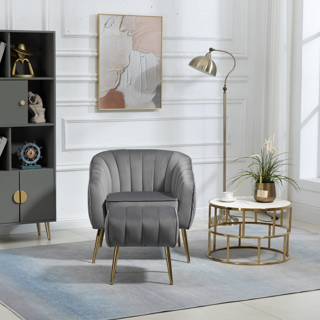 Modern Velvet Accent Chair and Ottoman Set Tufted Barrel Design for Living Room Bedroom Grey with Golden Finish Image 3