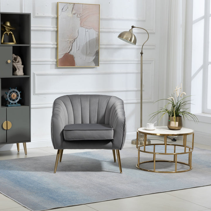 Modern Velvet Accent Chair and Ottoman Set Tufted Barrel Design for Living Room Bedroom Grey with Golden Finish Image 4