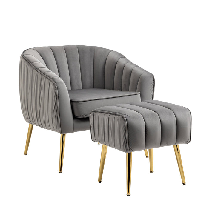 Modern Velvet Accent Chair and Ottoman Set Tufted Barrel Design for Living Room Bedroom Grey with Golden Finish Image 5