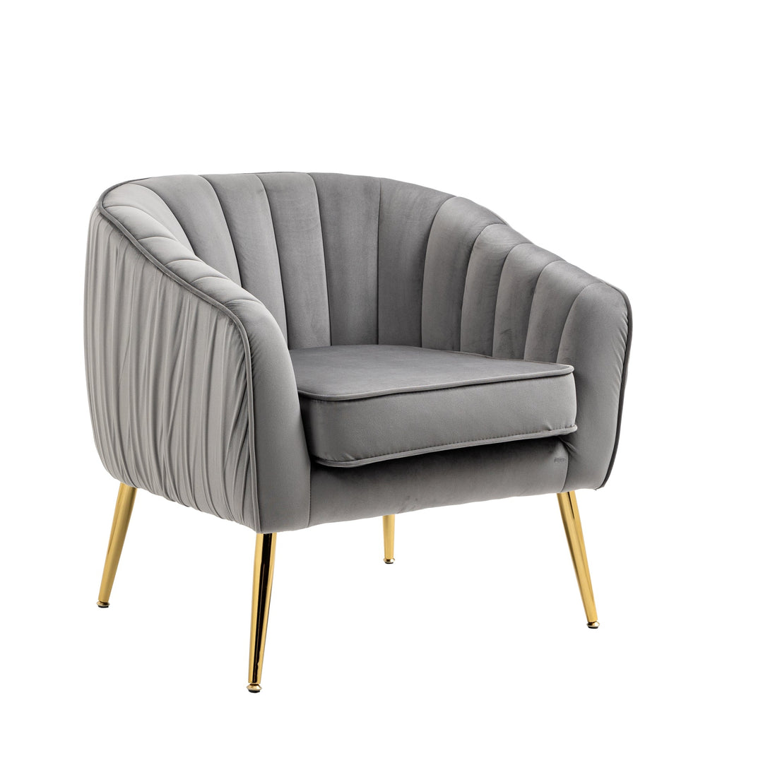 Modern Velvet Accent Chair and Ottoman Set Tufted Barrel Design for Living Room Bedroom Grey with Golden Finish Image 6