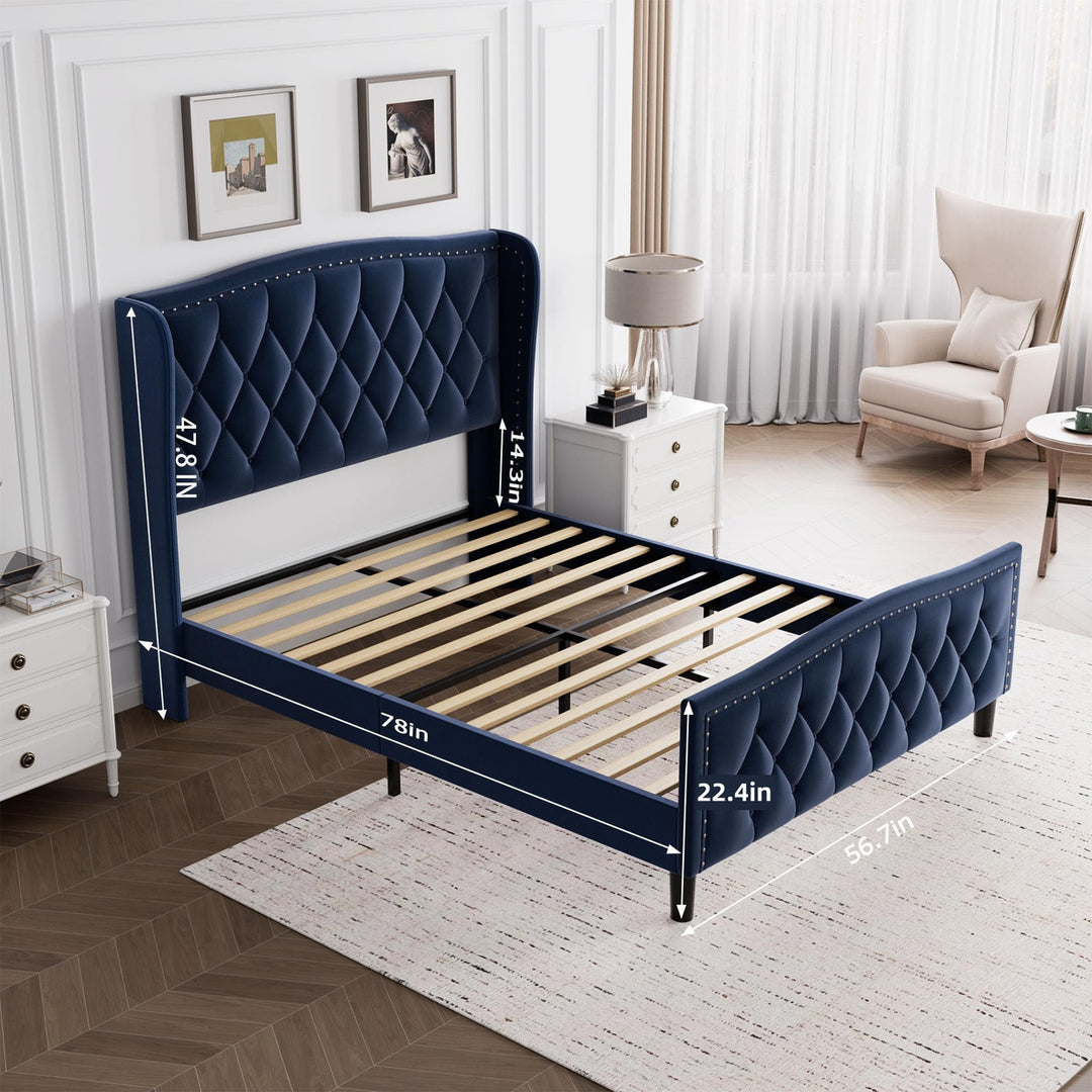 Modern Upholstered Full Size Bed Frame with Wingback Headboard Velvet Platform Bed Easy Assembly No Box Spring Needed Image 5