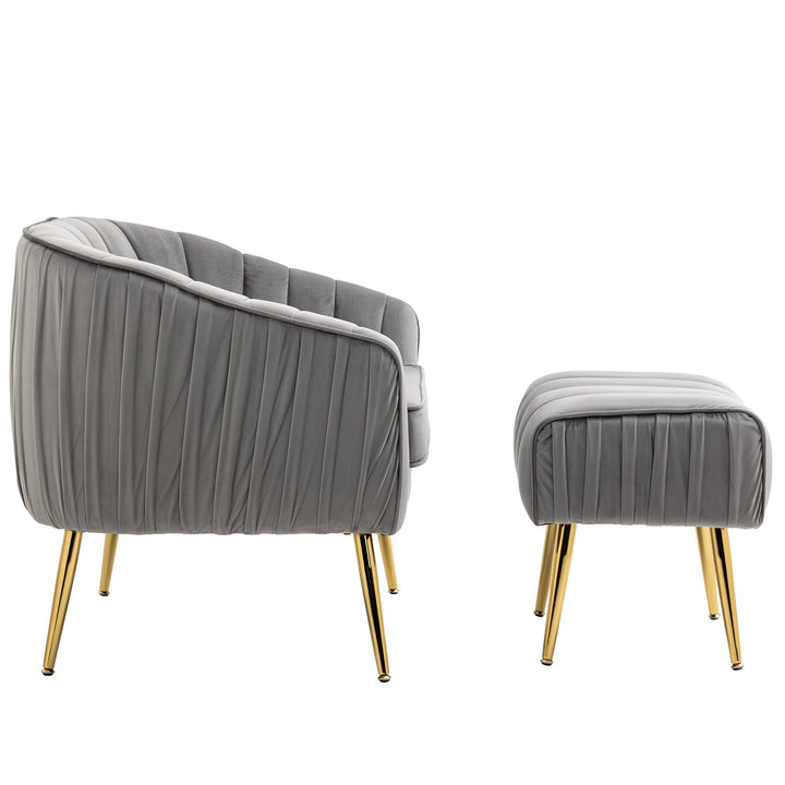 Modern Velvet Accent Chair and Ottoman Set Tufted Barrel Design for Living Room Bedroom Grey with Golden Finish Image 8