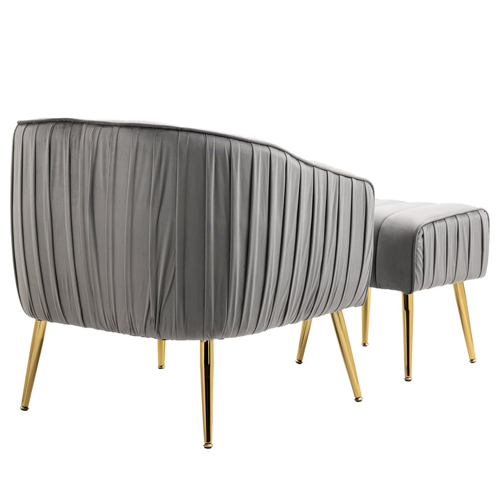 Modern Velvet Accent Chair and Ottoman Set Tufted Barrel Design for Living Room Bedroom Grey with Golden Finish Image 9