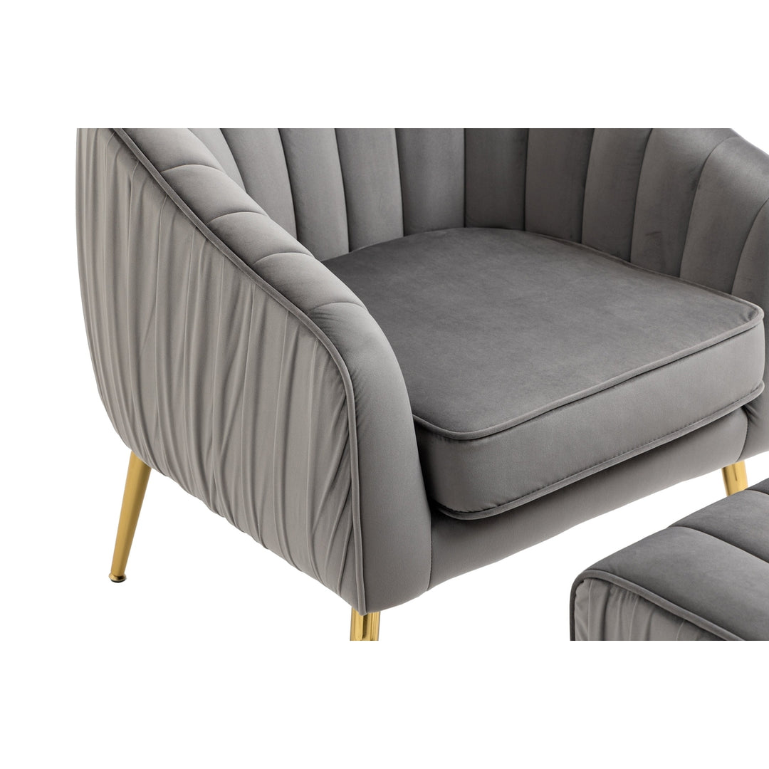 Modern Velvet Accent Chair and Ottoman Set Tufted Barrel Design for Living Room Bedroom Grey with Golden Finish Image 10