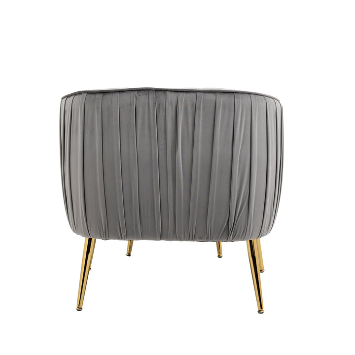 Modern Velvet Accent Chair and Ottoman Set Tufted Barrel Design for Living Room Bedroom Grey with Golden Finish Image 11