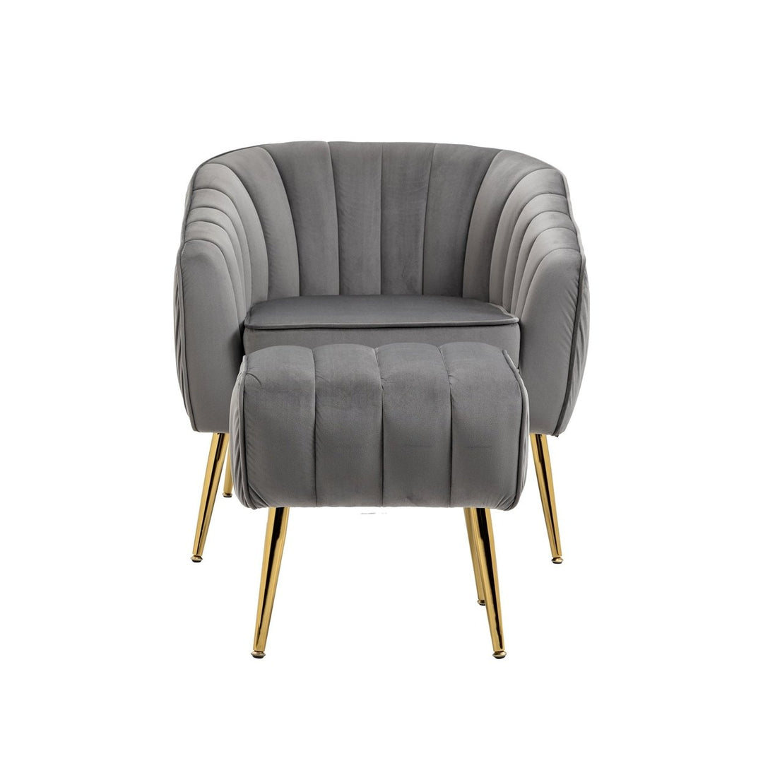 Modern Velvet Accent Chair and Ottoman Set Tufted Barrel Design for Living Room Bedroom Grey with Golden Finish Image 12