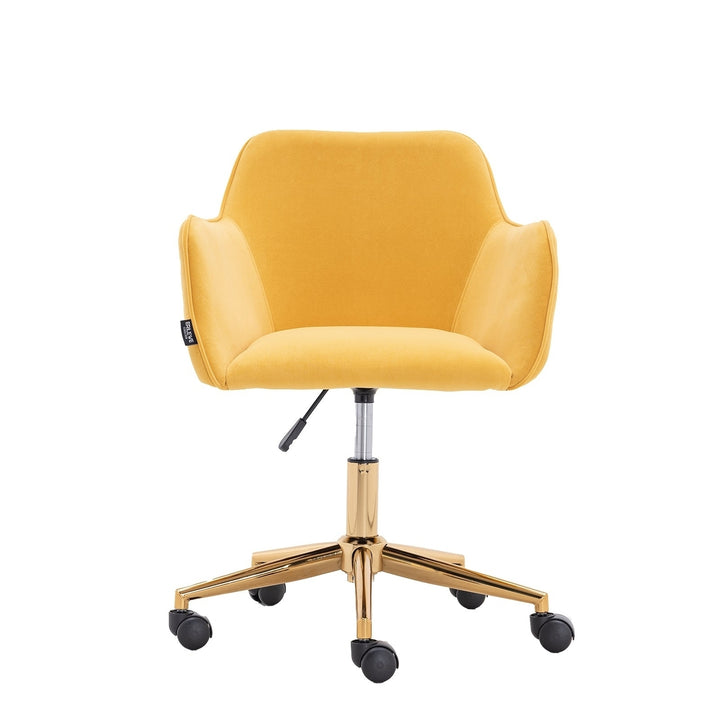 Modern Velvet Adjustable Height 360 Revolving Home Office Chair Gold Metal Legs Universal Wheels Indoor Yellow Image 2