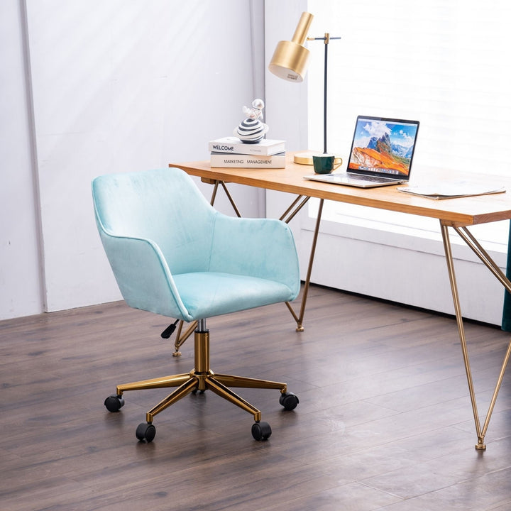 Modern Velvet Adjustable Height 360 Revolving Home Office Chair Aqua Light Blue Gold Metal Legs Universal Wheels Image 1