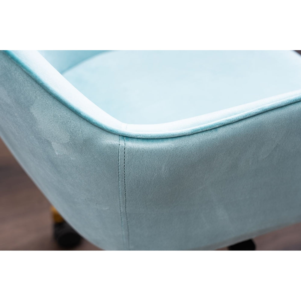 Modern Velvet Adjustable Height 360 Revolving Home Office Chair Aqua Light Blue Gold Metal Legs Universal Wheels Image 2