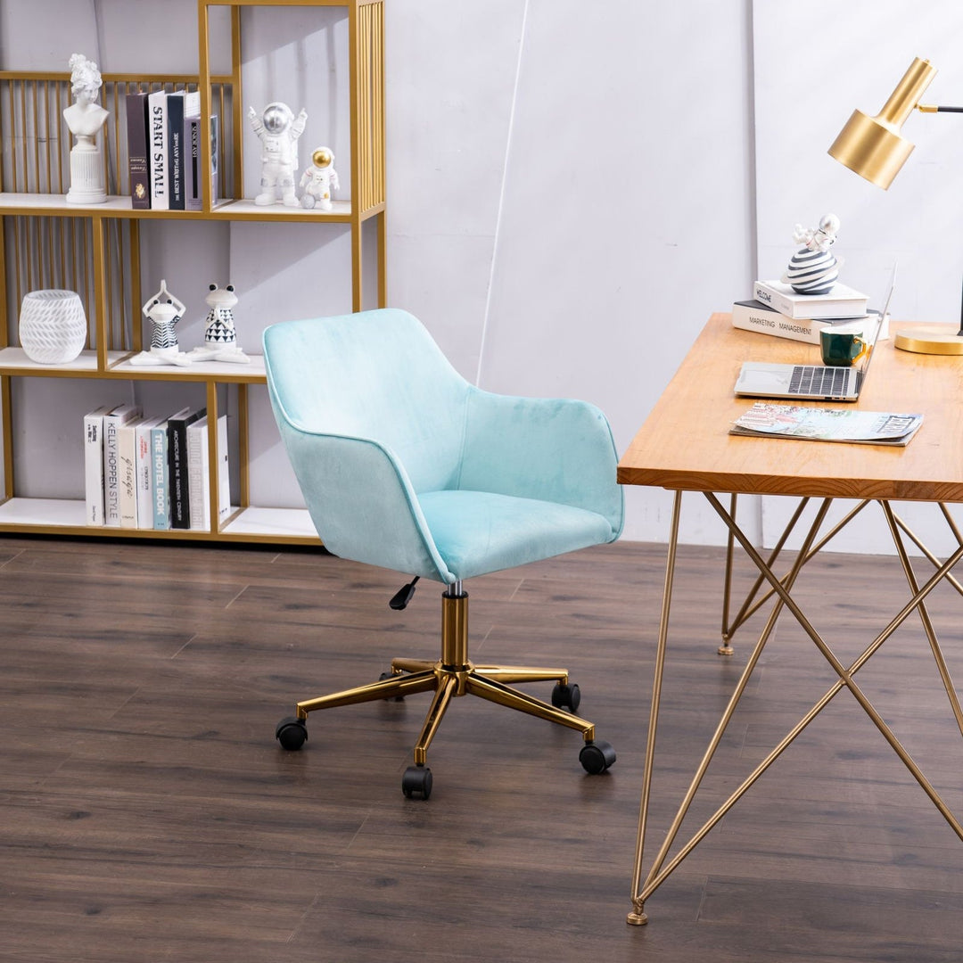 Modern Velvet Adjustable Height 360 Revolving Home Office Chair Aqua Light Blue Gold Metal Legs Universal Wheels Image 4