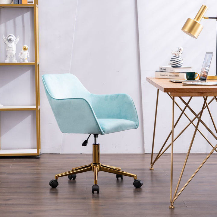 Modern Velvet Adjustable Height 360 Revolving Home Office Chair Aqua Light Blue Gold Metal Legs Universal Wheels Image 5