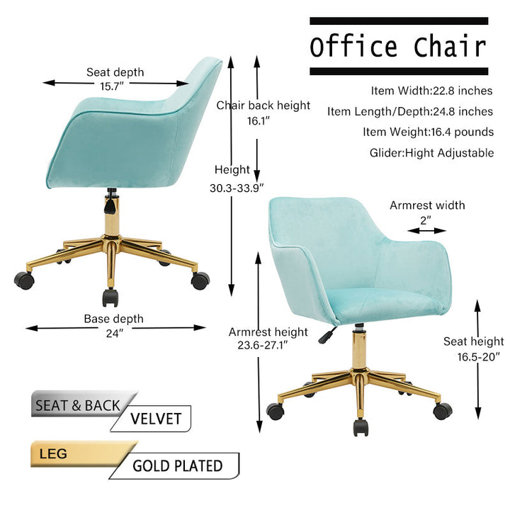 Modern Velvet Adjustable Height 360 Revolving Home Office Chair Aqua Light Blue Gold Metal Legs Universal Wheels Image 10