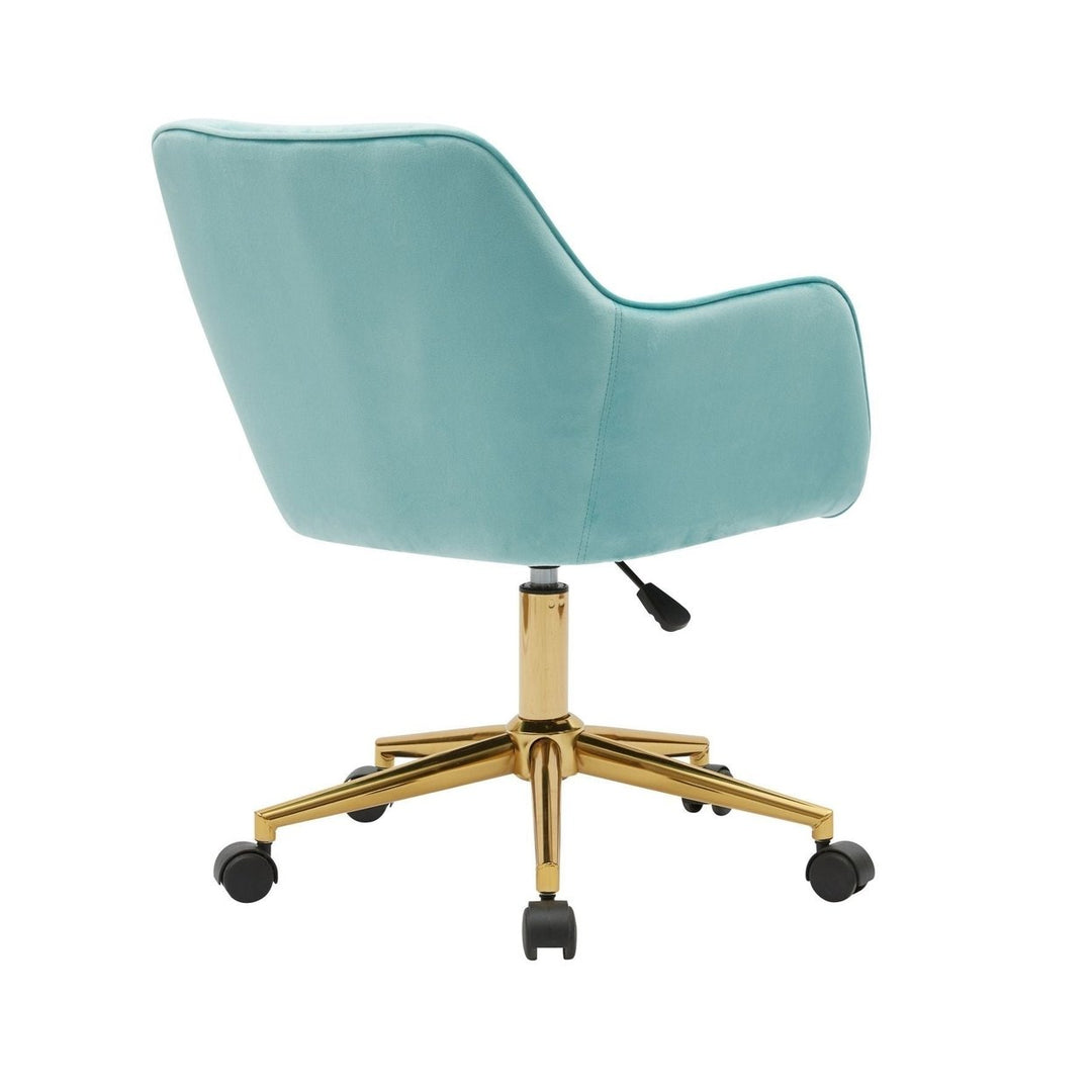 Modern Velvet Adjustable Height 360 Revolving Home Office Chair Aqua Light Blue Gold Metal Legs Universal Wheels Image 11